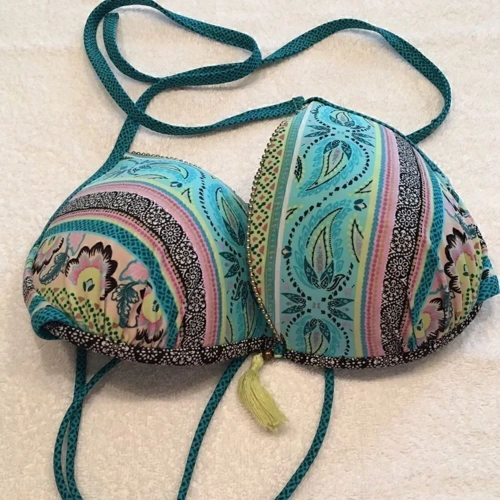 Paisley 36D tassel blue bikini top tie back bright